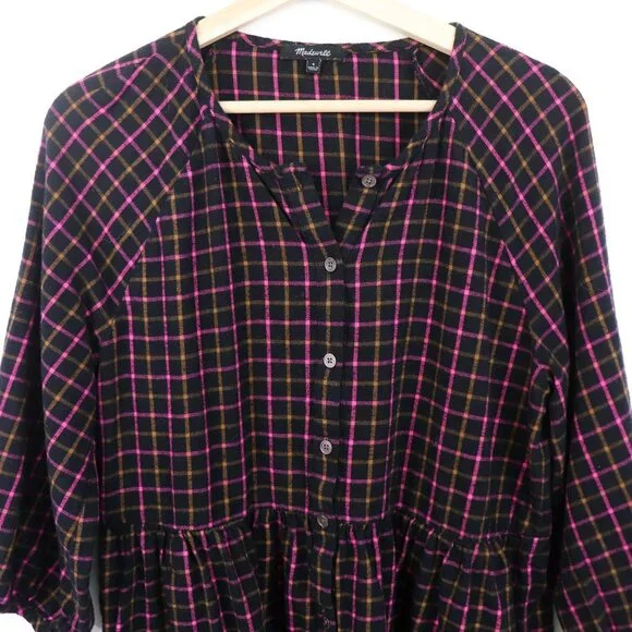 Madewell Plaid Flannel Raglan Button-Front Shirtdress Mini‎ Dress Black Pink 4 - Picture 7 of 9